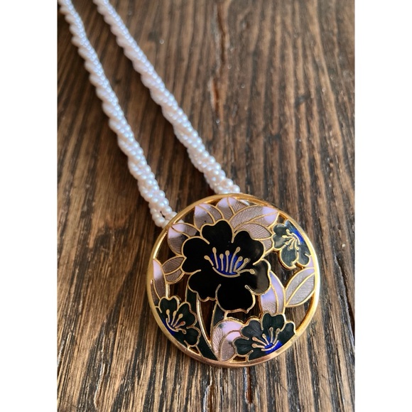 Vintage Jewelry - Vintage Cloisonné Pendant on Twisted Faux Pearl Necklace Pale Pink Floral